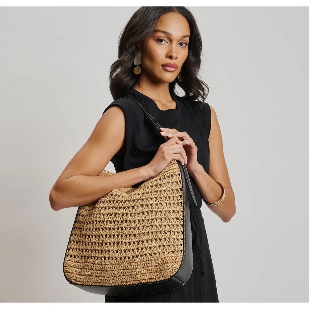 Moda Luxe Tan Woven Shoulder Bag with Black Trim - Picture 5 of 9